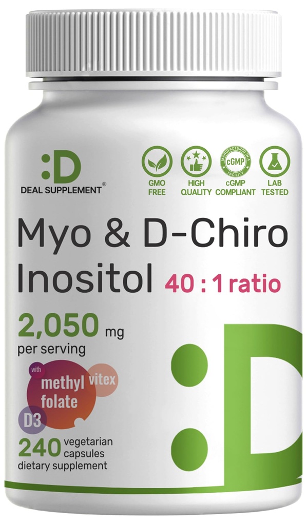 Myo-Inositol & D-Chiro Inositol Ergänzung für Frauen (40:1) | 2.050mg Pro Servieren | 240 Veggie Kapseln | mit Folat, Vitamin D3 & Vitex | Hormonal Balance & Cycle Support | Non-GMO