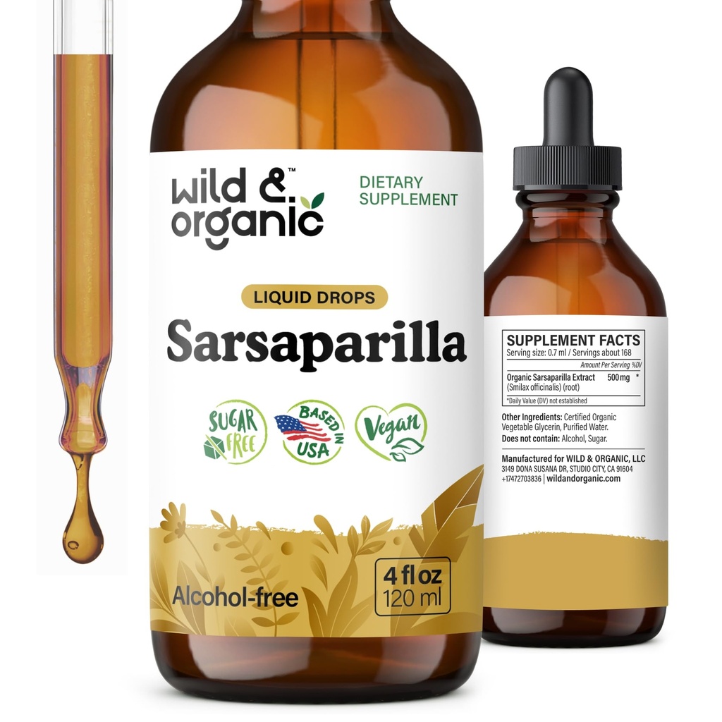 Wild & Organic Sarsaparilla Root Tincture - Gesamtunterstützung - Sarsaparilla Extract Supplement - Vegan, Zucker & Alkoholfreie Flüssigkeitstropfen - 4 fl oz