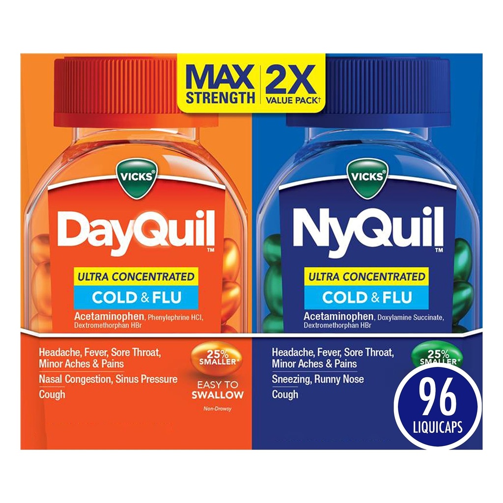 Vicks DayQuil & NyQuil Ultra Concentré Liquicaps Co-Pack, Médecine du rhume et de la grippe, puissant multisymptômes Daytime & Nighttime Relief pour les maux de tête, fièvre, gorge douloureuse, douleurs et douleurs mineures, et Toux, 96ct