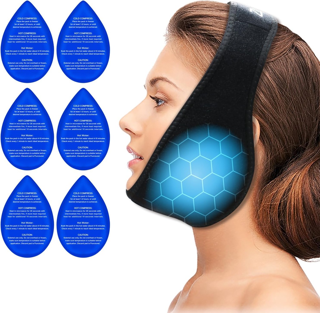ZNÖCUETÖD Sagesse Dents Ice Pack Face Head Wrap pour l'élimination des dents de la sagesse Dents Pain Relief, TMJ, Jaw Ice pour la chirurgie buccale visage, implant dentaire avec 6 packs de gel froid chaud réutilisable