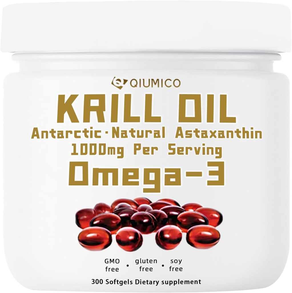 Supplément huile de krill antarctique, riche en EPA Omega-3s, DHA & Astaxanthin, 1000mg par service, supplément pour le cœur et l'immunité, 300 Soft-Gels