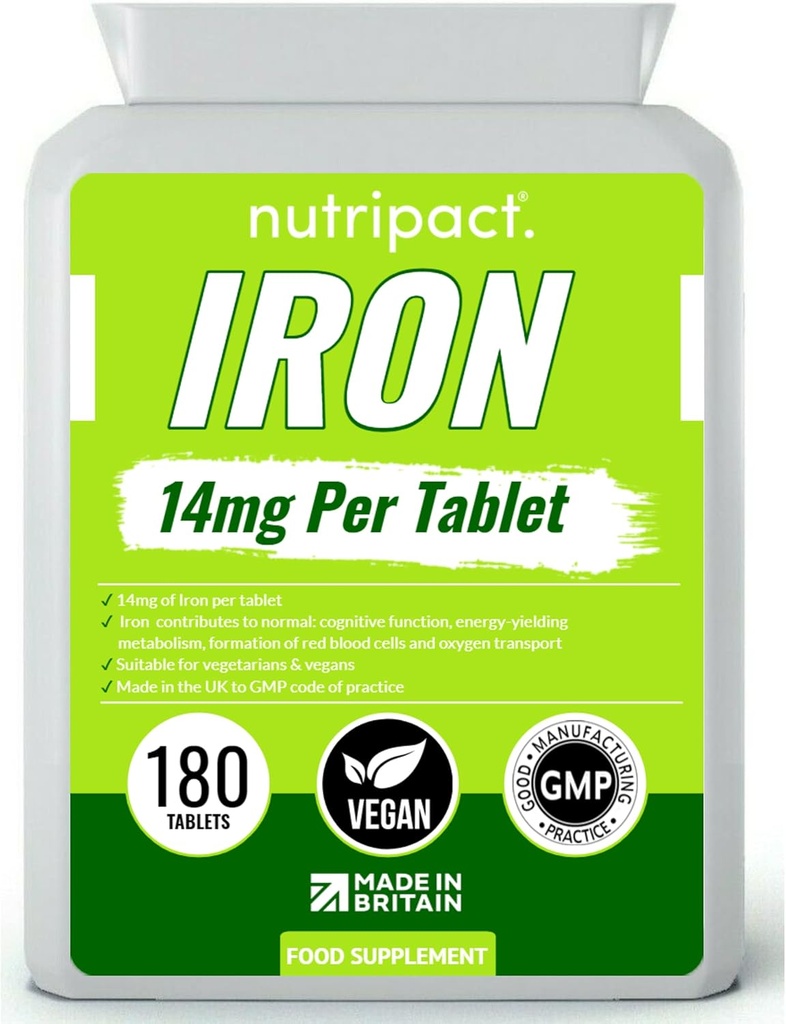 Eisen Tabletten 14mg - Einfach zu schlucken ein-a-Day Formel - Hilft Reduzieren Reifen & Fatigue, Energie Booster, unterstützt Immunsystem, Bildung von roten Blutzellen - 6 Monate Versorgung - 180 Vegan Ergänzung