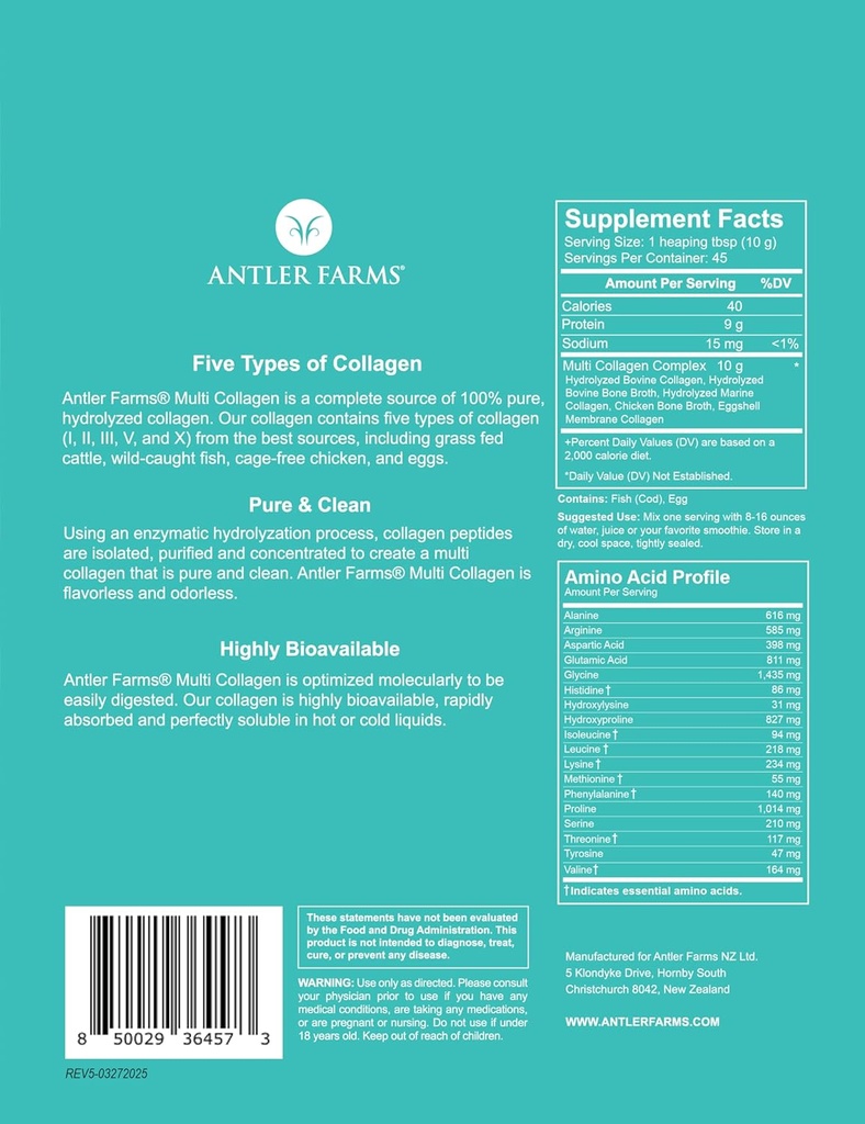 Fermes Antler - Poudre de protéines multicollagènes - 5 types (I, II, III, V et X) Peptides de collagène 100 % hydrolysés purs pour hommes et femmes - Biodisponible, Absorption rapide - Non aromatisé - 1 lb