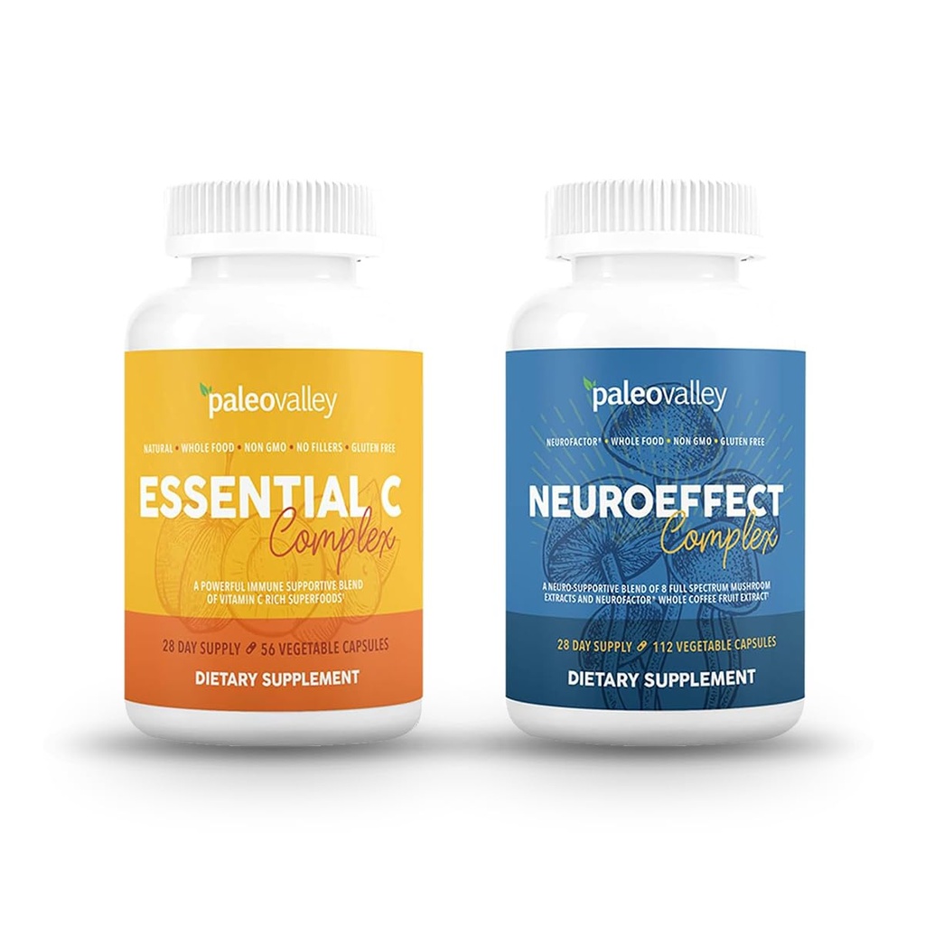 Paleovalley NeuroEffet + Un ensemble complexe essentiel C - Extrait de café Neuro Champignon, Supplément vitamine C 450g Focus, Mémoire, Énergie, Soutien immunitaire, Superaliments organiques
