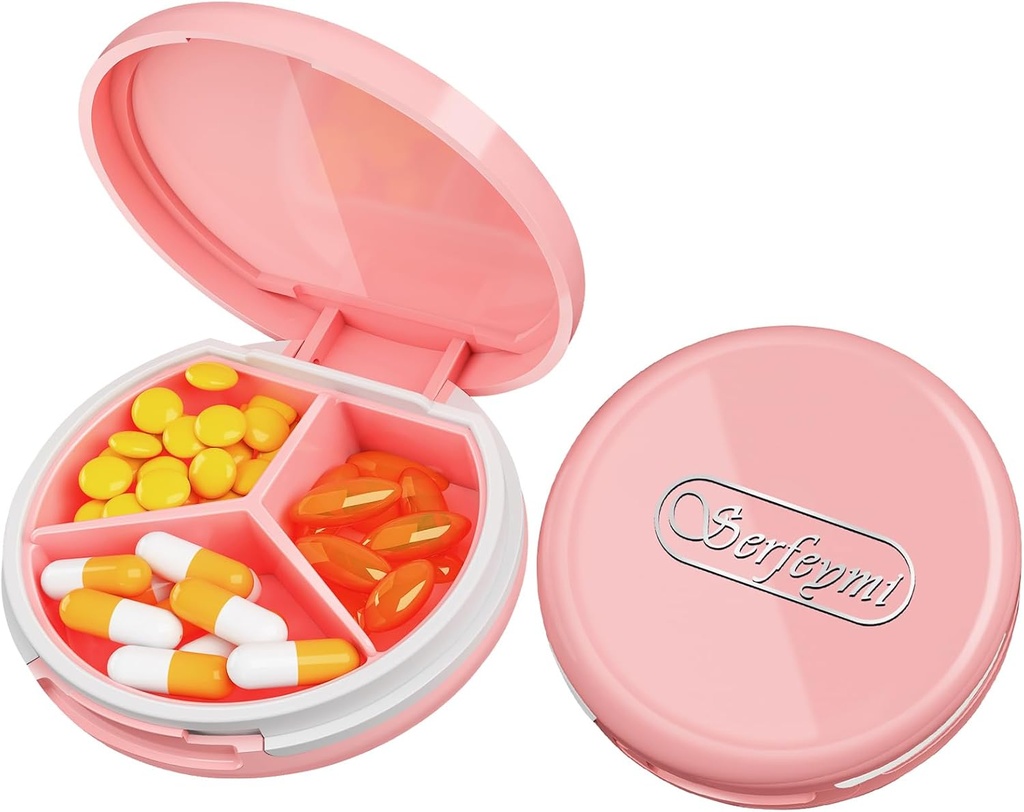 Serfeymi Petite Pill Box - 3 compartiments Portable Pill Box pour la poche de Purse, Compact Mini Travel Pill Case - Convient pour la médecine, vitamine, huile de poisson, suppléments - Rose(Logo)
