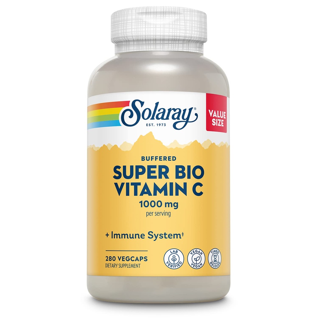 Solaray Super Bio Buffered Vitamin C 1000mg, Zweistufige, zeitgemäße Freisetzung Vitamin C mit Bioflavonoiden, Immununterstützungsergänzung - hohe Absorption, Vegan, 60 Tage Garantie, 180 Servietten, 360 VegCaps 140