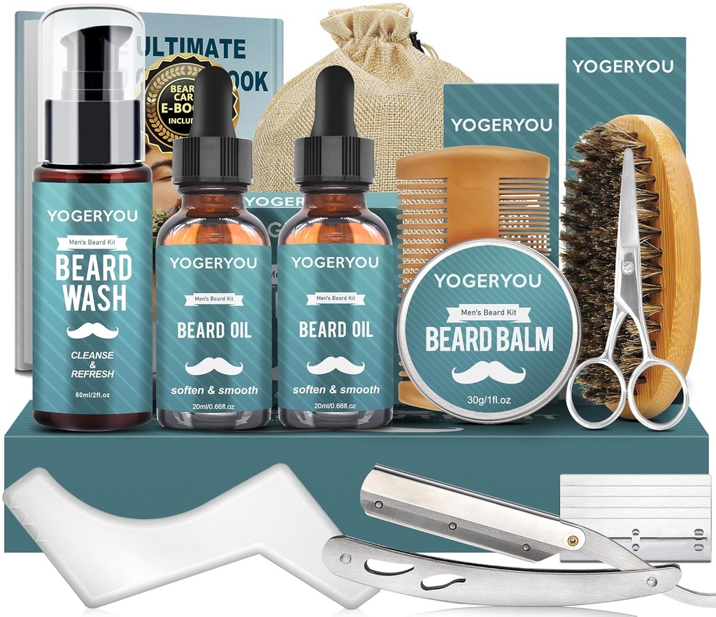 Kit barbe,Kit de peigne pour homme W/Straight Razor,2 PAQUET Huile de barbe, Laver, Baume, Brosse, Peigne, Ciseaux Hommes Cadeaux de Noël pour homme Boyfriend Nourriture pour mari Kit de rasage