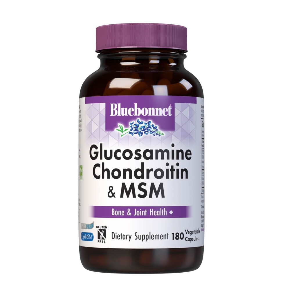Bluebonnet Nutrition Glucosamine Chondroitin Plus MSM, Glucosamin, Chondroitinsulfat, Vitamin C & OptiMSM, Knochen & Gelenkgesundheit, Non GMO, Glutenfrei, Sojafrei, Milchfrei, 180 Gemüsekapseln