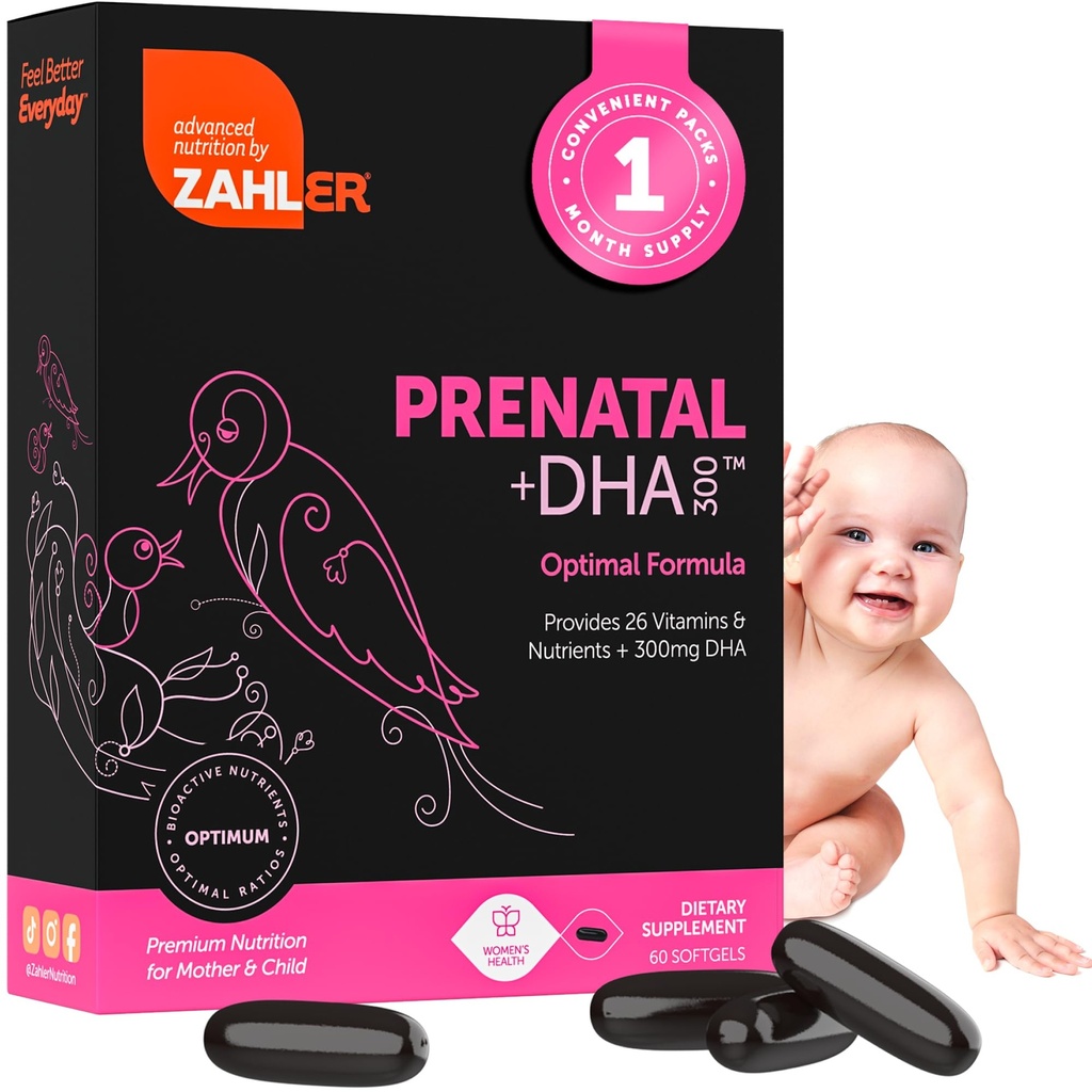 Zahler Pränatales Vitamin mit DHA & Folat - DHA Ergänzungen & Prenatal Multivitamin für Mutter und Kind - Kosher Prenatal DHA Pränatale Vitamine mit Eisen, Pre Natal Softgels 60 Count