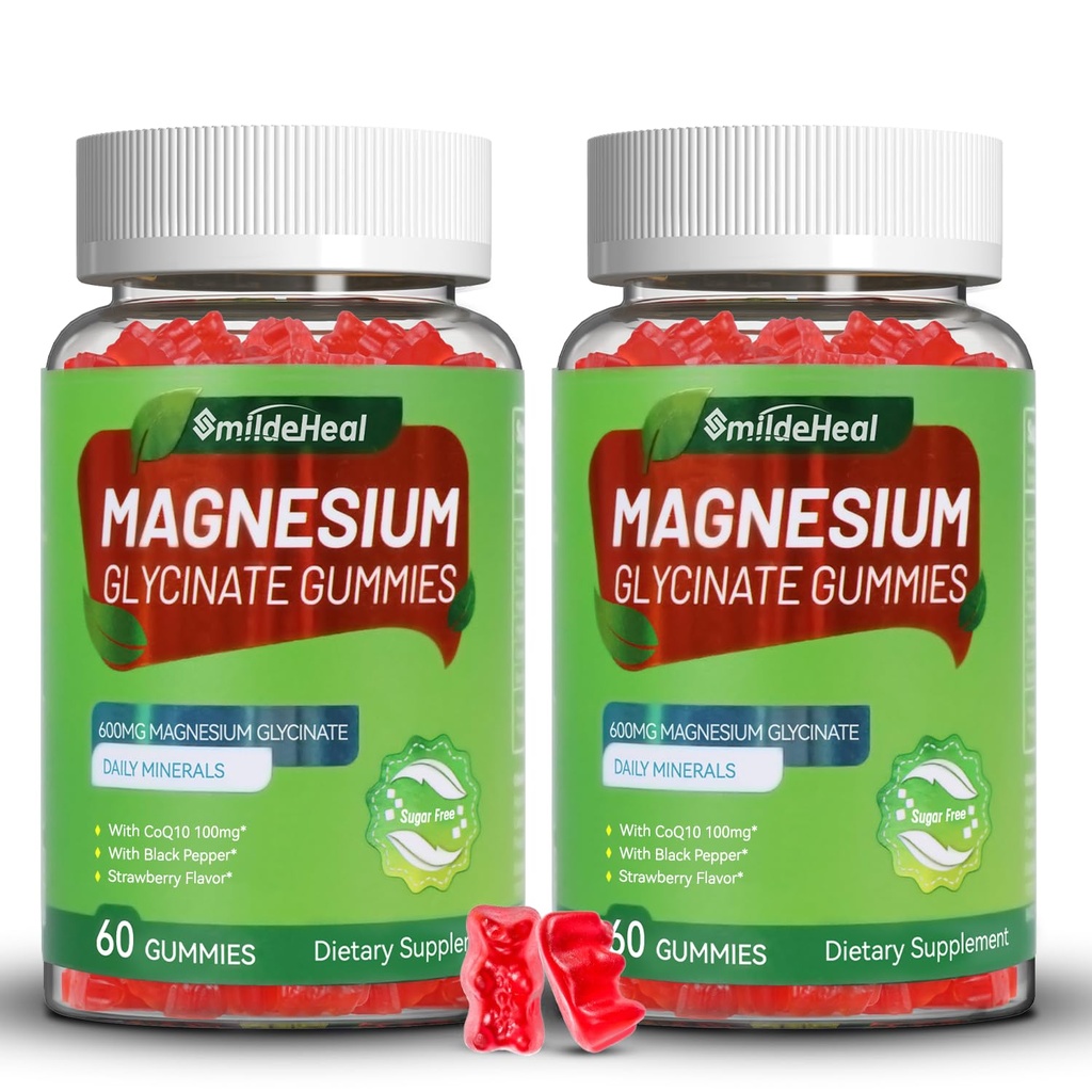 Magnesium Glycinat Gummi 600mg, Magnesiumgummis für Damen und Herren, mit Magnesium L-Threonate 300mg, CoQ10 und Schwarzer Pfeffer, Vegan (120 Count)