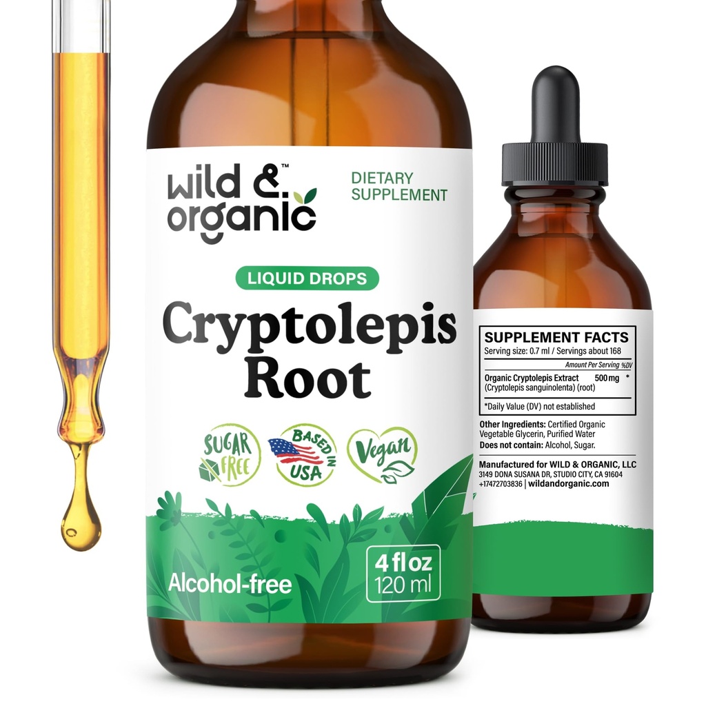 Wild & Organic Cryptolepis Tincture - Kräutertropfen für Detox & Immununterstützung - 2-Monats-Versorgung - Flüssige Cryptolepis Wurzelextrakt Tropfen - Vegan, Zucker & Alkoholfrei - 4 fl oz