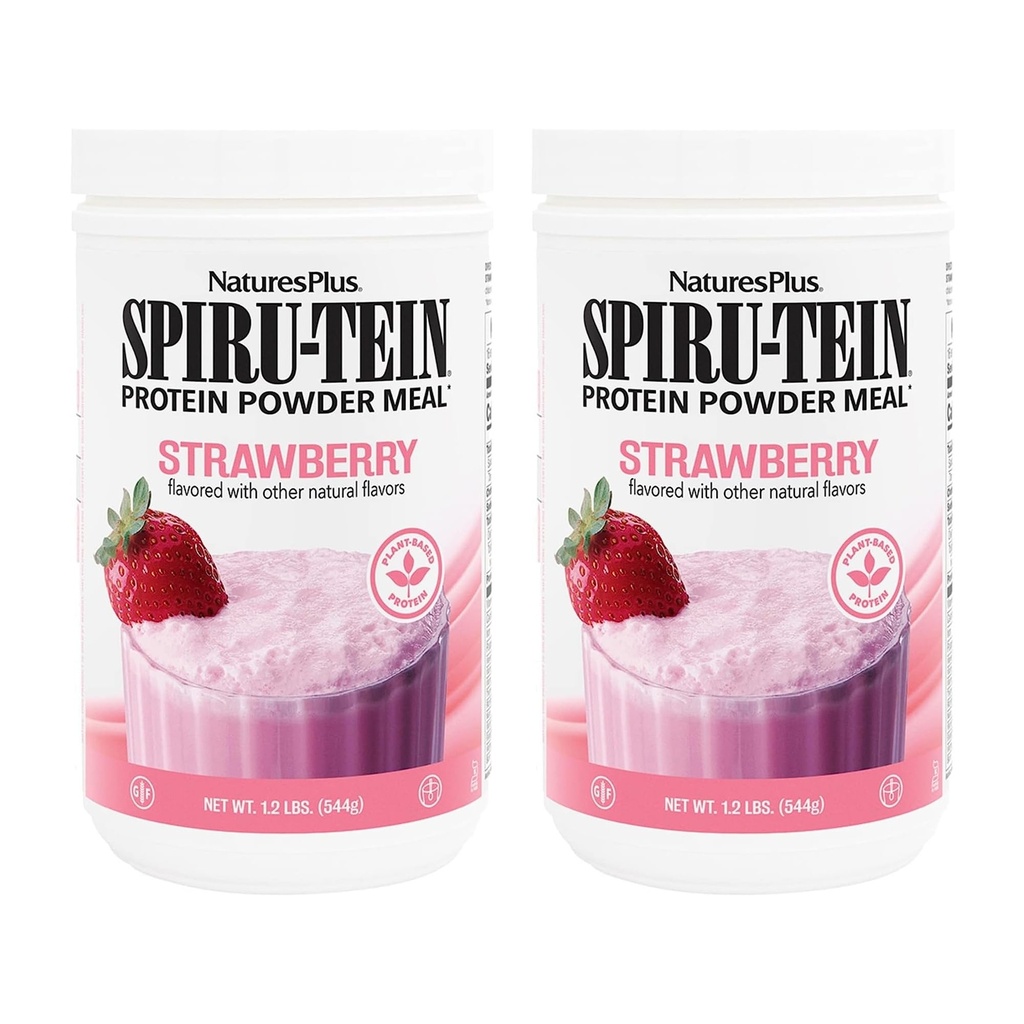 NaturesPlus SPIRU-TEIN, fraise - 1,2 lb, boîte de 2 - Secouer les protéines à base végétale - Non-OGM, végétalien, sans gluten - 32 portions totales
