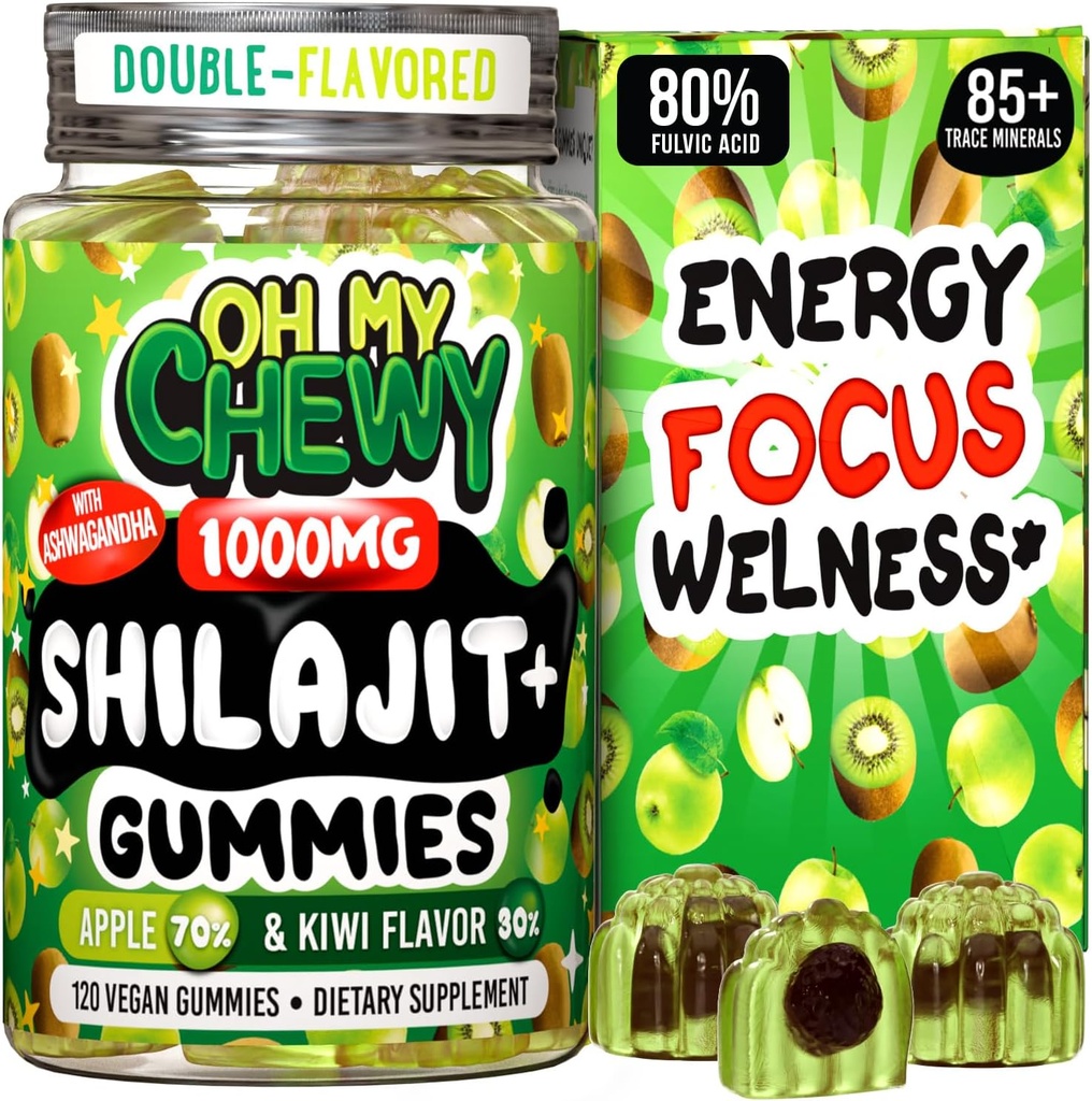 Pure Himalayan Shilajit Gummi - High Potency Gold Grade Harz - Energie Boost und Immununterstützung für Männer und Frauen mit Ashwagandha und Shatavari - 120 Gummy - Apple & Kiwi