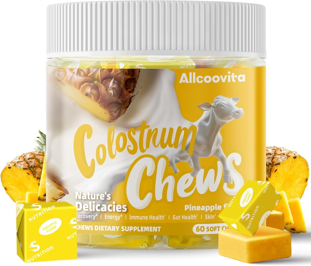 Bovine Colostrum Chews Supplement mit Probiotika für Gut Health, Bloating, Immununterstützung, Haut, Haarwachstum und Schönheit - Ananas Flavor (60 Servietten)