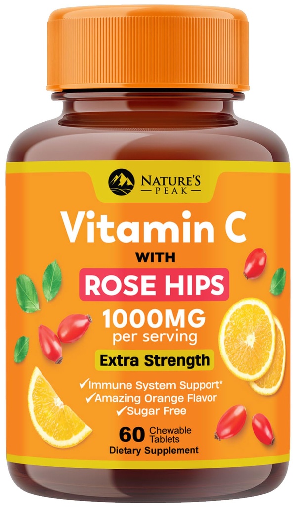 Vitamin C 1000mg Chewable Supplement - Extra Strength Immune Unterstützung Vitamin C Nahrungsergänzung mit Rose HIPS, Natur VitaminC Antioxidans Unterstützung, Natürlich, Vegan, Orange Flavor - 60 Tabletten