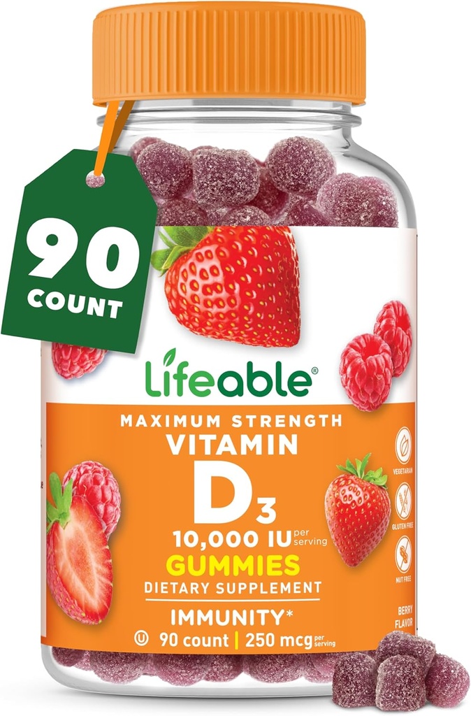 Lifeable Vitamin D3 10000IU | Great Tasting Bone Strength Supplements | Vitamin D3 Gummies for Bone Health | Vitamin D Gummies for Adults, Men, Women | 90 Gummies