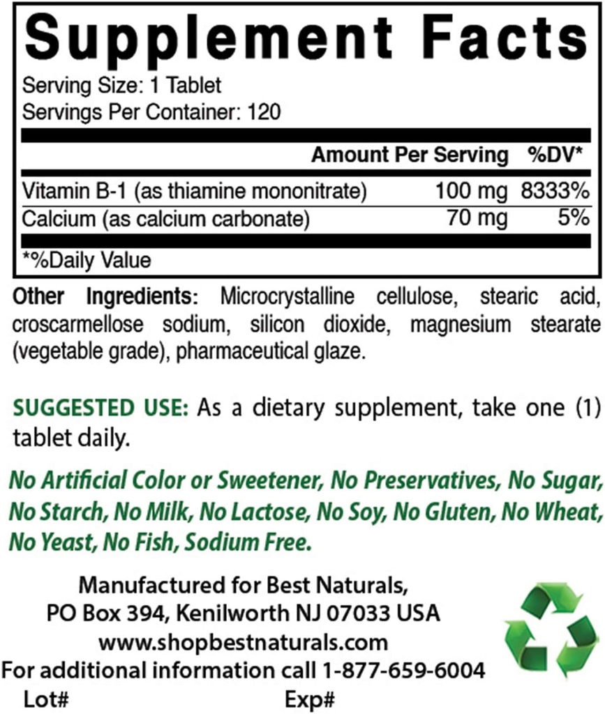 Best Naturals Vitamin B1 als Thiamine Mononitrate 100 mg & Vitamin B-6 25 Mg