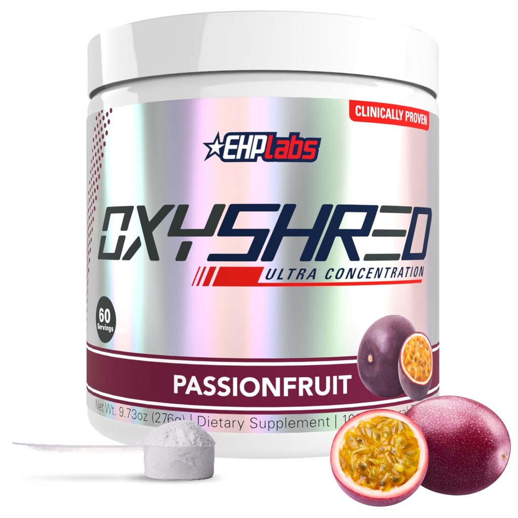 EHP Labs OxyShred Pre Workout Powder & Shredding Supplement - Preworkout Powder mit L Glutamine & Acetyl L Carnitin, Energy Boost Drink - Passionfruit, 60 Servierungen