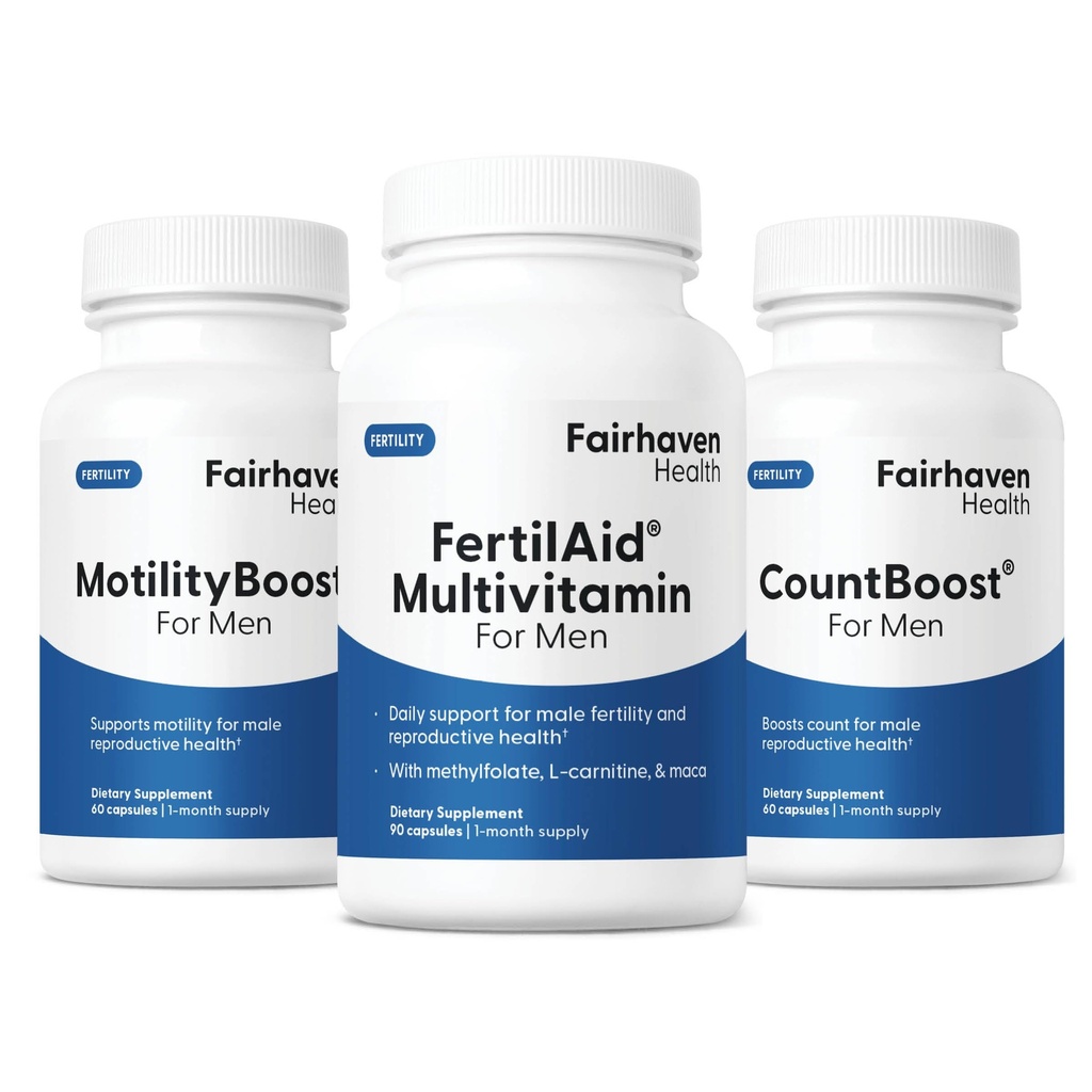 Fairhaven FertilAid santé pour les hommes, MotilityBoost, et Combo Comteboost. Suppléments de fertilité pour les hommes.