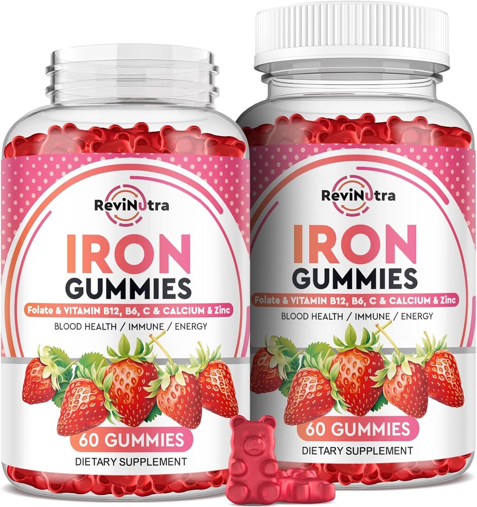 Eisengummis - mit Kalzium, Zink, Folat & Vitamin B12, C, B6 für Erwachsene & Kinder - Blut-Erbauer & Energie-Unterstützung für Eisenmangel, Anämie, Vegan - 2 Pack Erdbeer-Flavour,60 Gummis