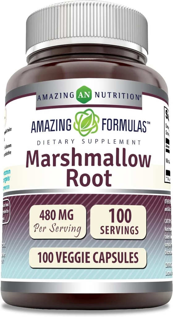 Formules étonnantes Supplément de racine de marshmallow : 480 Mg par portion : 100 capsules de légumes : 100 capsules sans OGM.