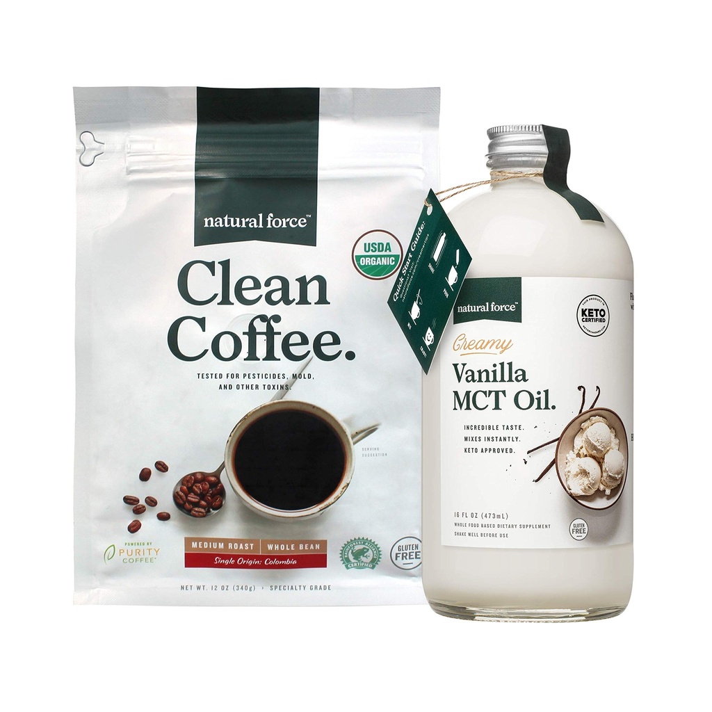 Natural Force Organic Clean Coffee + Creamy Vanilla MCT Oil Bundle – Crème MCT aromatisée et sans moisissure et mycotoxine café – Non-OGM, Keto, Paleo et Vegan - 12 Oz Sac et 16 Oz bouteille en verre