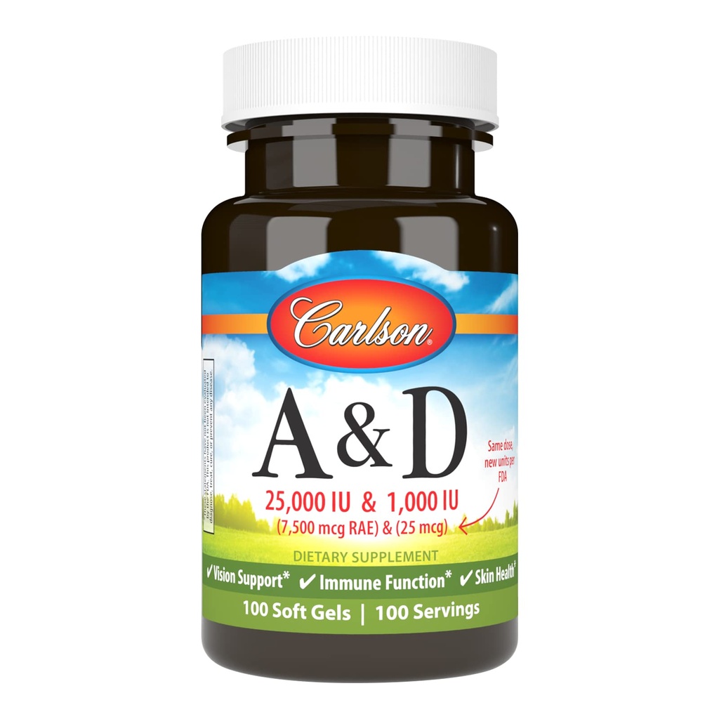 Carlson - A & D, 25000 IU (7500 mcg RAE) Vitamin A, 1000 IU (25 mcg) Vitamin D, Vision Support, Hautgesundheit, 100 Softgels