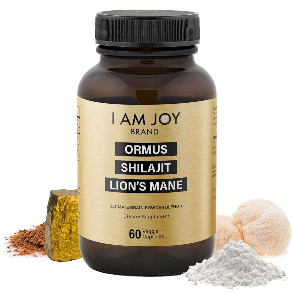 I Am Joy co. Ormus Shilajit Lion's Mane - Ultimate Brain Power! Monoatomische 24k Gold - Die einzige Mischung seiner Art für Energie, Gedächtnis und Fokus - 60 Vegan Kapseln
