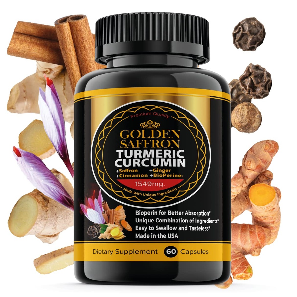 GOLDEN SAFFRON Turmeric Curcumin Supplement mit Bioperine, Saffron, Cinnamon und Ginger - Hohe Potenz, Non-GMO, Glutenfreie Ergänzung für eine bessere Wirksamkeit. Made in USA