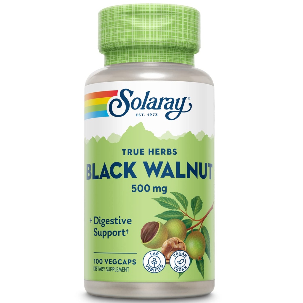 SOLARAY Black Walnut 500 mg - Ganze Hülle - Traditionelle Kräuterunterstützung Formel - Non-GMO Verified, Vegan, Lab Verified - 60-Day Garantie - 100 Servierungen, 100 VegCaps