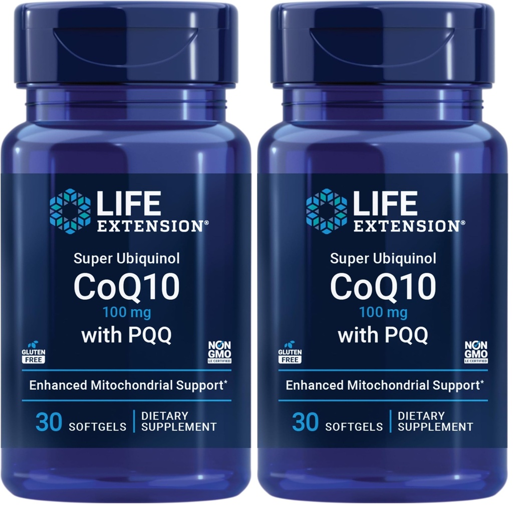 Life Extension Super Ubiquinol CoQ10 avec PQQ, CoQ10, PQQ, shilajit, Heart Health, Cellular Energy Support, 8X Better Absorption, sans gluten, 100 mg, 30 softgels (paquet de 2)