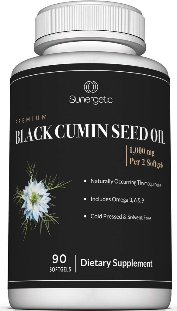 Sunergetic Premium Black Cumin Seed Oil Softgels – 1.000 mg Schwarzes Seed Oil Per Serving – Non GMO Cold Pressed Nigella Sativa – Inklusive Thymoquinone & Omega’s - 90 Softgels