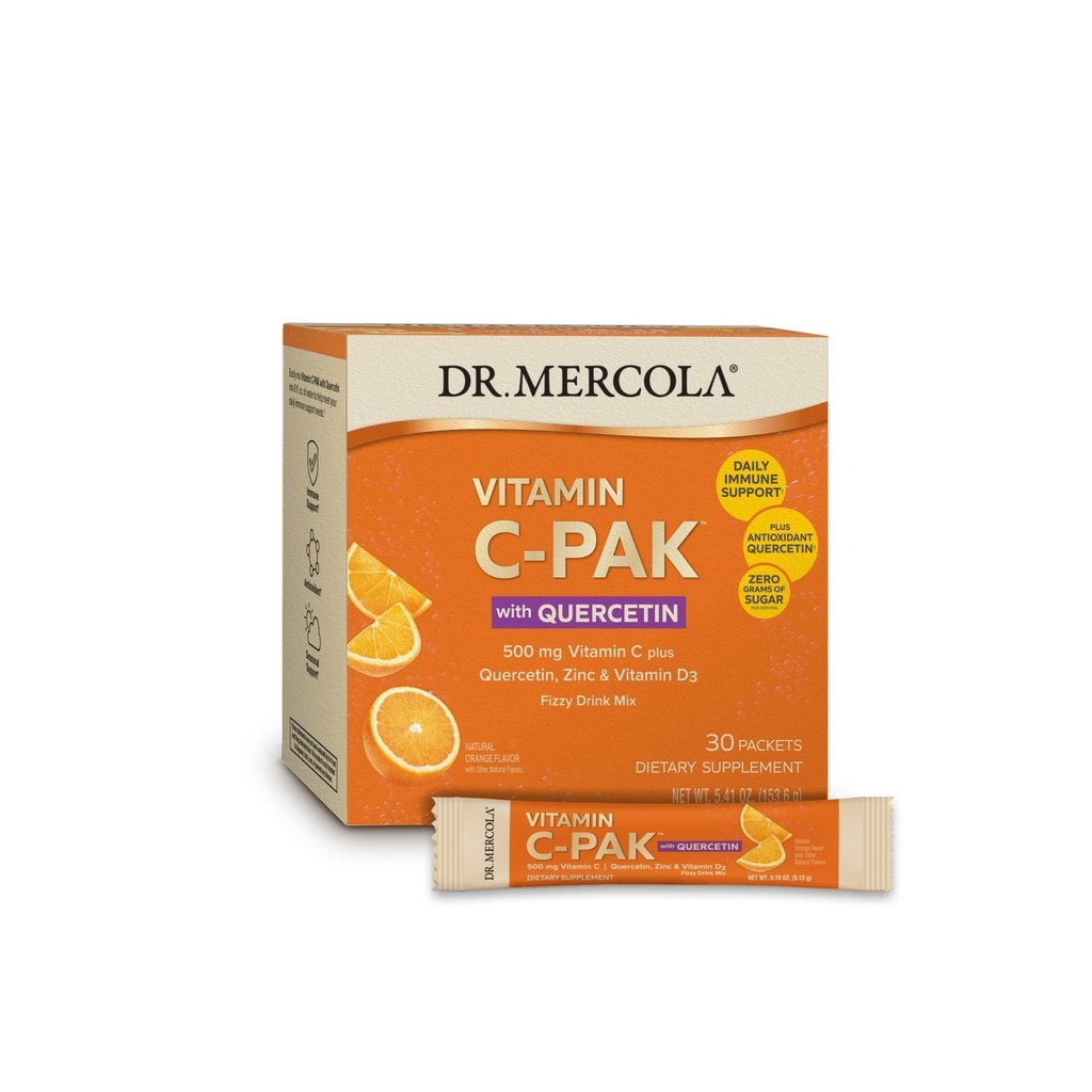 Dr. Mercola Vitamin C-PAK mit Quercetin - Daily Immun Support Drink - Zink & Vitamin D3 Blend - Glutenfrei - Effervescent Orange Flavor - 30 Packungen