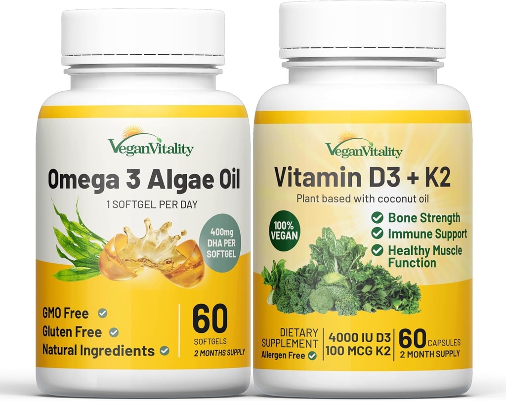 Vegan Vitality Health Booster Bundle - Vegan D3+K2 und Vegan Omega 3 Algenöl. Hochfeste pflanzliche Formel für Immunität, Energie Gesamtgesundheit für Vegane und Vegetarier