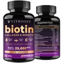 VITBOOST Biotine à l'acide hyaluronique, au collagène et à la kératine – 25000 mcg Vitamines de croissance des cheveux pour les hommes et les femmes – Nails et peau, États-Unis Fabriqués - Tiers Testés, B1, B2, B3, B6, B7 Complexe - 60 Capsules