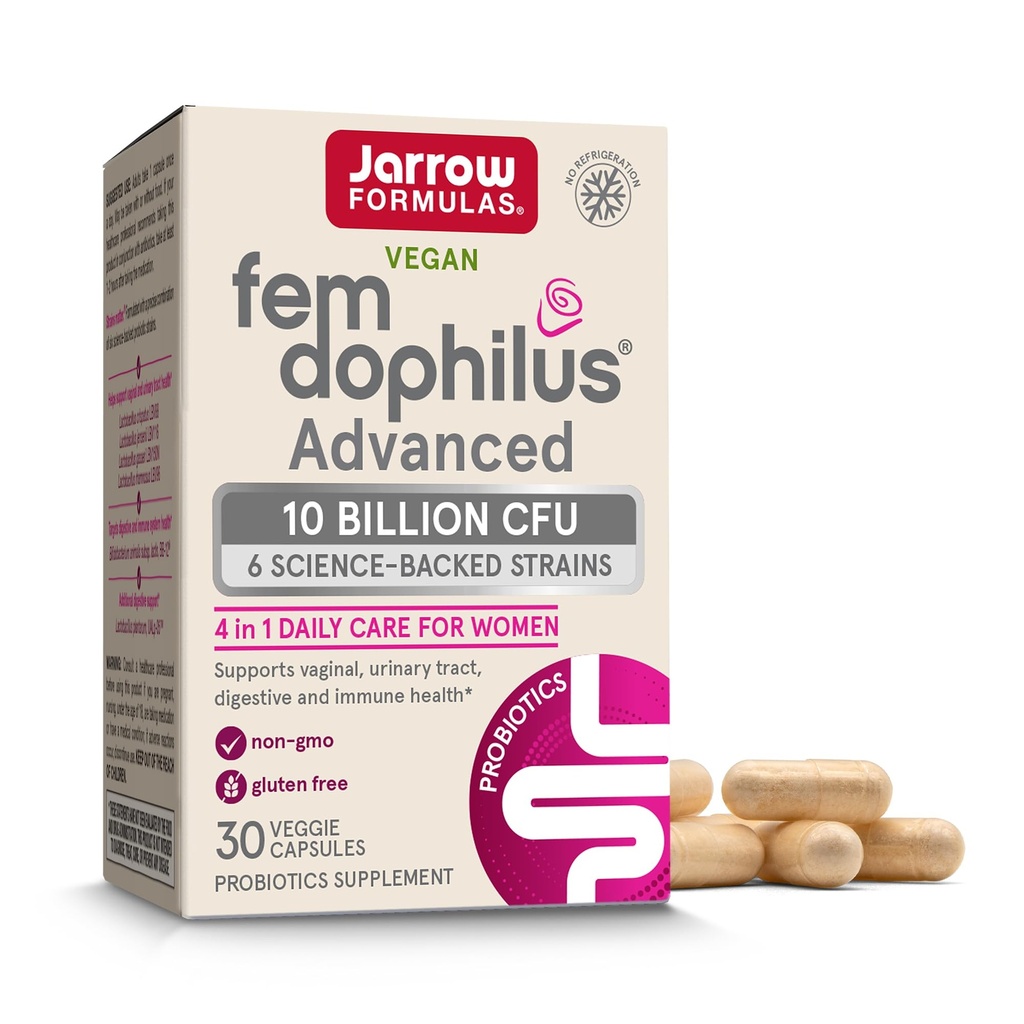 Formules de Jarrow Fem-Dophilus Probiotiques vaginaux et digestifs avancés 10 milliards CFU avec 6 souches soutenues par la science, pour le soutien vaginal, urinaire, digestif et immunitaire, 30 capsules, plateau-stable