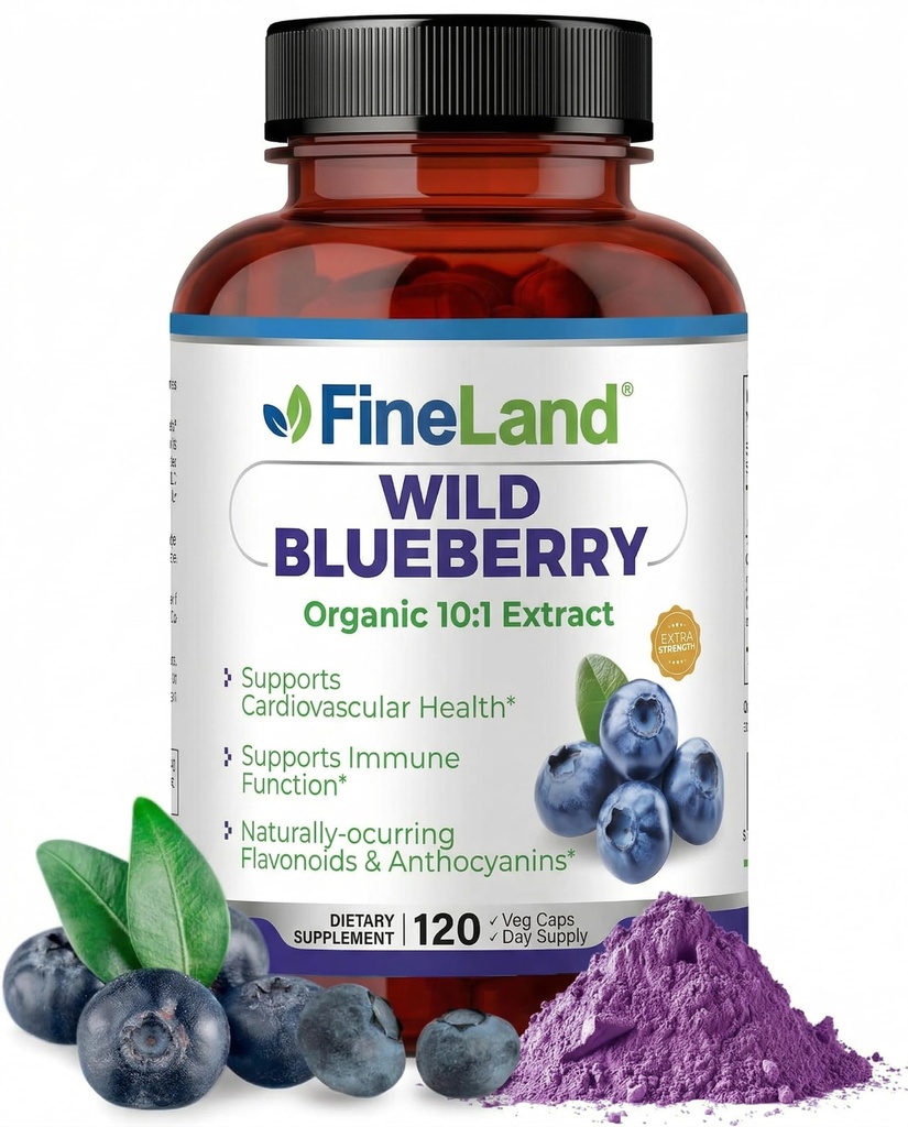 FineLand Wild Blueberry 10:1 Extrakt, 6.000 mg Stärke, 120 Vegan Kapseln, Reich an Flavonoiden & Anthocyaninen, Antioxidans Unterstützung für Gehirn & Herz Gesundheit, 4-Monat-Versorgung, Non-GMO Made in USA