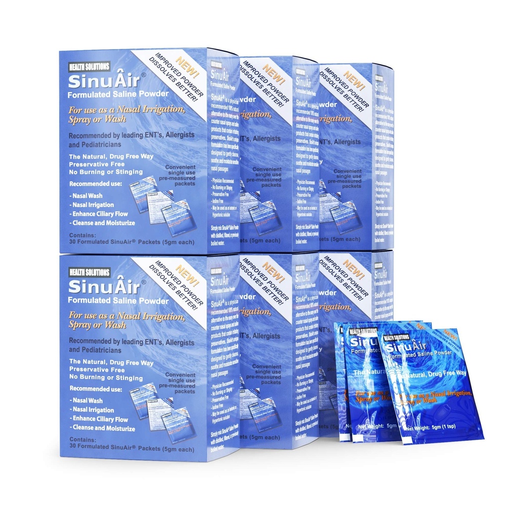 Solution de sel de rinçage SinuAir Sinus - Poudre saline pour système SinuPulse, Neti Pot Flush, Nasal Wash Squeeze Bouteille, & Irrigation Nez, Formulation améliorée et nettoyage pour les sinus, 180 paquets