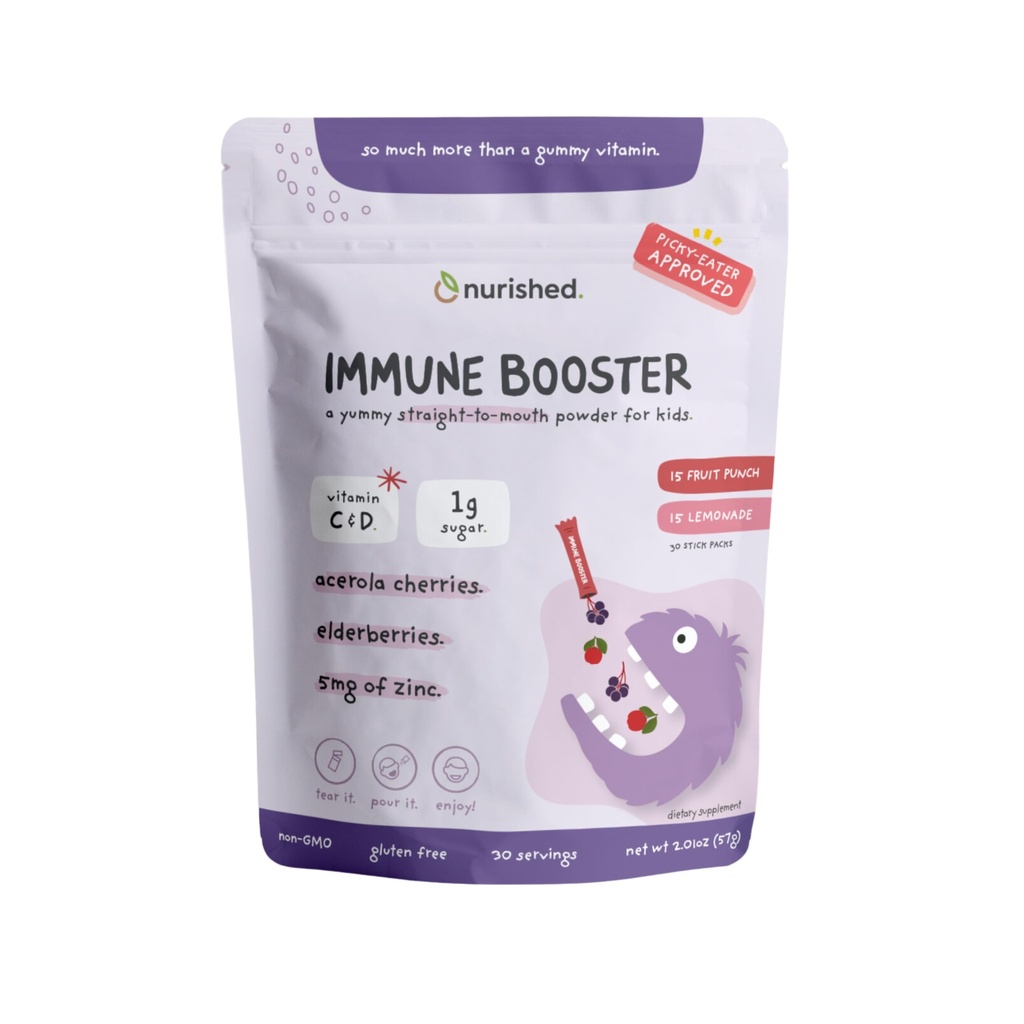 Booster immune pour enfants avec sureau, cerise d'acérola, zinc, vitamines C & D - Poudre droite à droite - 30 portions - 2 arômes