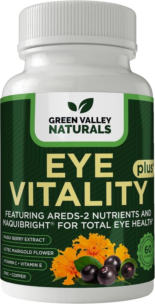GREEN VALLEY NATURALS Augen Vitalität Plus Ergänzung, mit Areds-2 Nährstoffe, Maquibright, Marigold Blume, Vitamine C & E, Zink, Kupfer, 60 Kapseln (1)