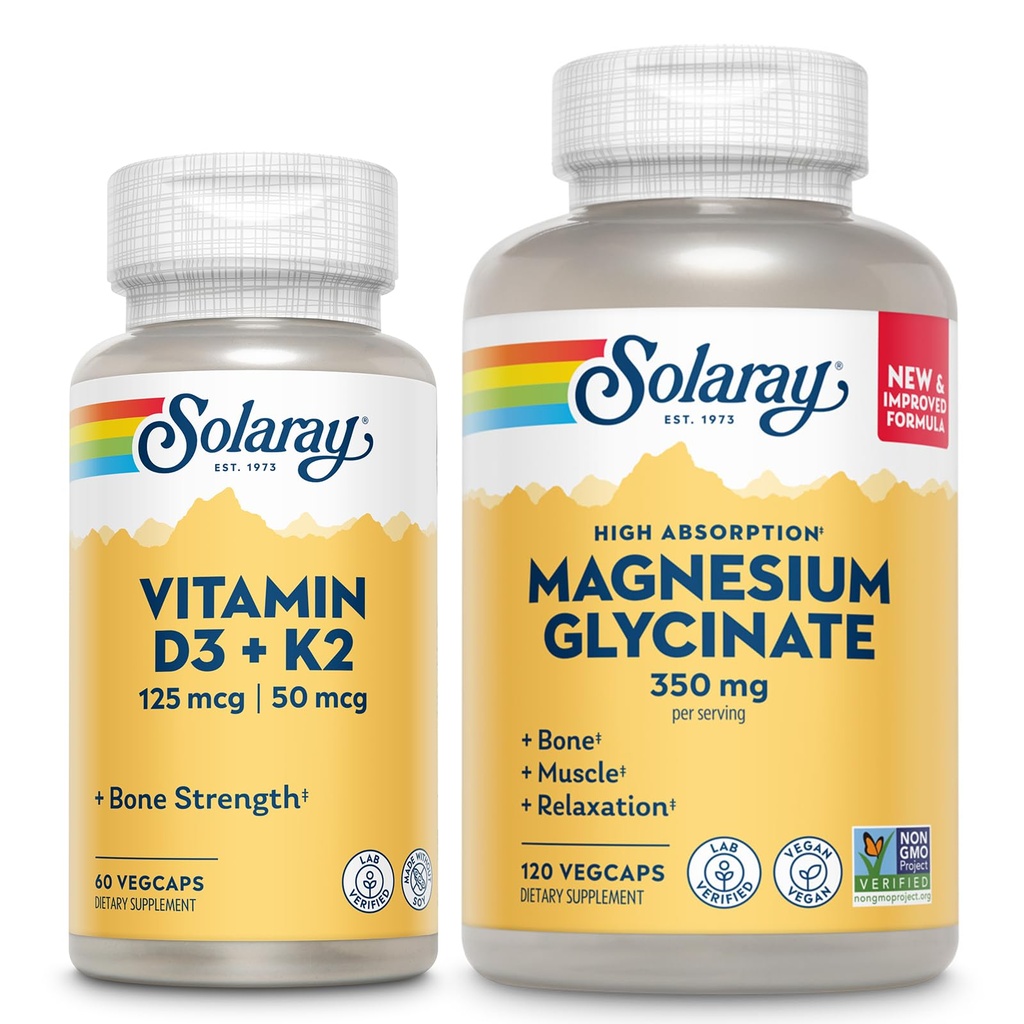 SOLARAY Vitamin D3 K2 und Magnesium Glycinat - Knochengesundheit Bundle - Calcium Absorption, Nerve, Herz und Immununterstützung w/ 5000 IU Vitamin D, 350mg Chelat Magnesium, 60-Tage Garantie, 60ct/120ct