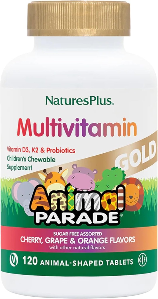 NaturesPlus Tier Parade Gold Kinder Multivitamin - Verschiedene Kirsche, Orange & Trauben Flavors - 120 Tier-Shaped Kautabletten, Packung mit 3 - Vegan, Glutenfrei - 180 Gesamt Servierungen