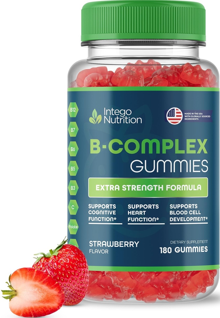 Vitamin B Complex Gummis für Erwachsene, B Complex Vitamin Supplement für Frauen und Männer, B Vitamine Complex Gummis für Energie und Gehirn Gesundheit, natürliche Erdbeeren Geschmack, 180 Zähler