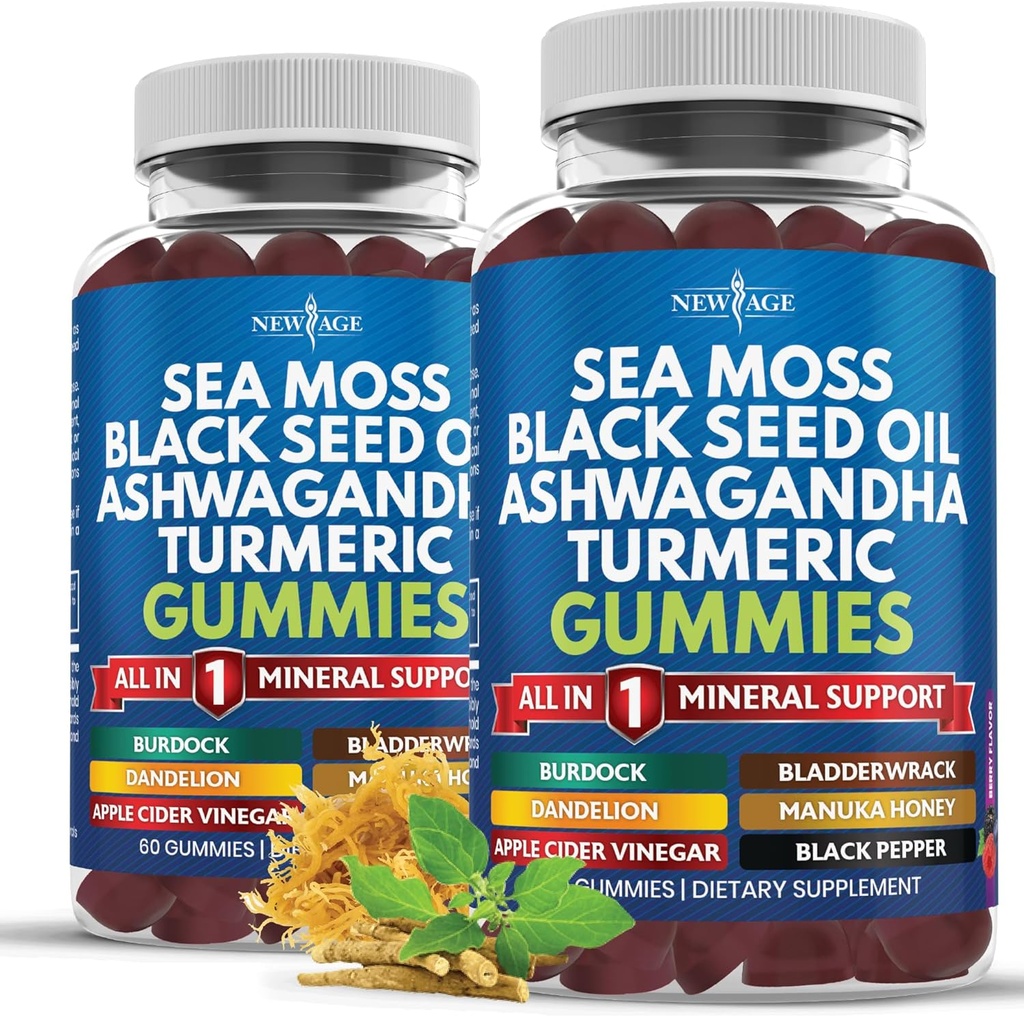 Sea Moss Gummis, Sea Moss, Black Seed, Ashwagandha, Turmeric, Manuka Honey, ACV, Dandelion, Black Pepper, Burdock, Bladderwrack, Vegan - 120 Count