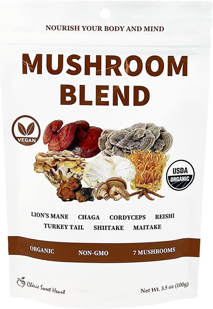 Cherie Sweet Heart 7 Pilzextrakt Pulver – USDA Organic Superfood Blend mit Lion's Mane, Reishi, Cordyceps, Maitake, Shiitake, Turkey Tail & Chaga – Vegan, Non-GMO, Gluten-Free – 3.5 oz