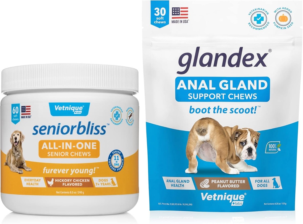 VETNIQUE Seniorbliss All-in-One Multivitamin Chews für Senior Dogs (60ct) & Glandex Anal Gland Support Peanut Butter Soft Chews für Hunde (30ct) Bundle
