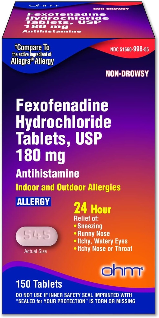 Ohm Allergy Medicine Fexofenadine 180mg - 24 Stunden Relief für Niesen und Allergy Symptome, Non-Drowsy - 24-Stunden-Antihistamin Tabletten für effektives Relief - 150 Zähler (Single Pack)