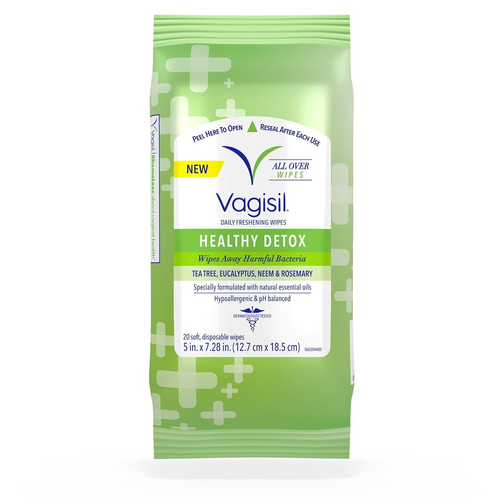 Vagisil wipes for All Over Cleaning, Health Detox, Formuliert mit ätherischen Ölen, 20 Wipes in einem wiederverschließbaren Beutel (Pack von 1)