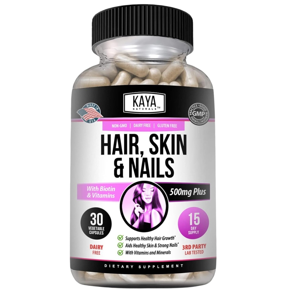 Kaya Naturals Skin Nail Capsules avec Biotin - Vitamines des cheveux et de la peau, Vitamine D Vitamine B-12 A Folic Acid Support, Supplément Vitamine de soutien des cheveux pour les ongles de la peau- 30 capsules de comptage