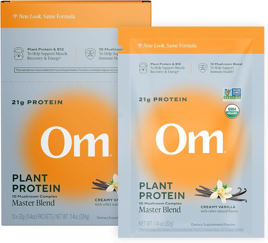 Om Master Blend Vegan Protein Pulver, Vanille, 21g Pflanzenprotein - Organische Pilzergänzung mit 10 Pilz-Komplex, Ashwagandha, BCAAs und Vitamin B12 - Single Serve (10 Count)